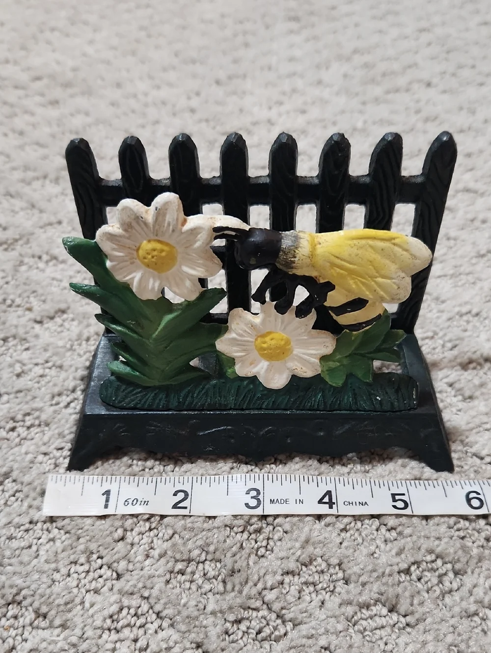 Cast Iron Bee on Daisy Fence Napkin Holder Letter Holder - Yellow, White, Green